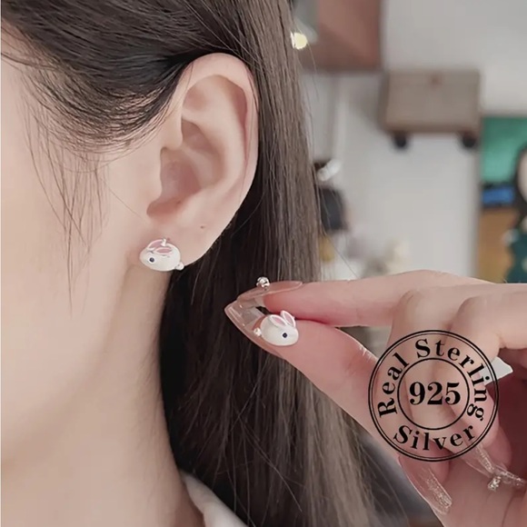Sterling Silver Bunny Rabbit Stud Earrings - Picture 4 of 5